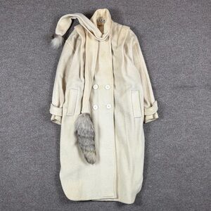 Vintage Capri Beige 100% Wool Long Double Breasted Coat Women’s M Fox Fur Scarf